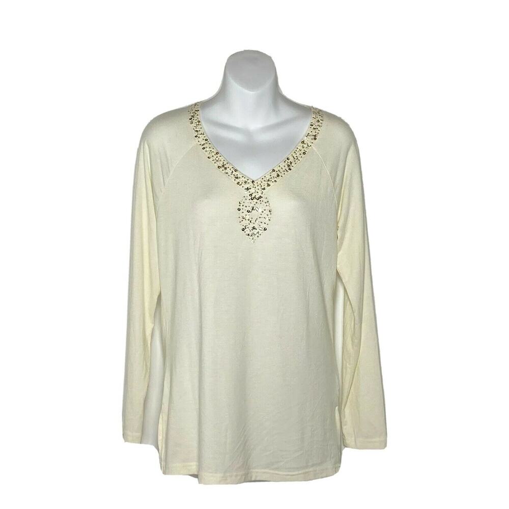 Bogari Womens Top Sz M Cream‎ Beaded Sequin Long Sleeved Silk Blend